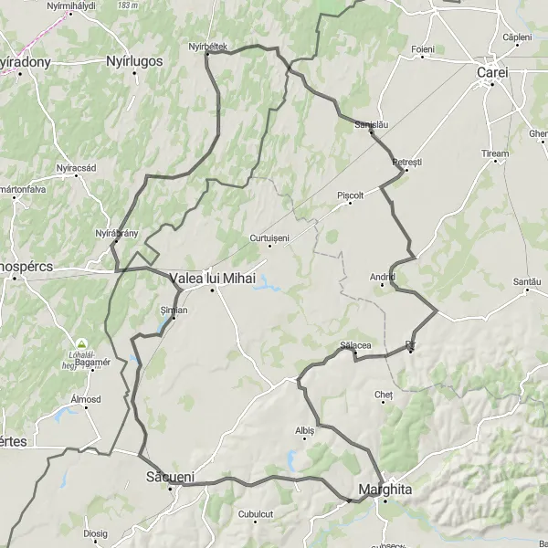 Map miniature of "Nyirabrany-Peneszlek Circuit" cycling inspiration in Nord-Vest, Romania. Generated by Tarmacs.app cycling route planner