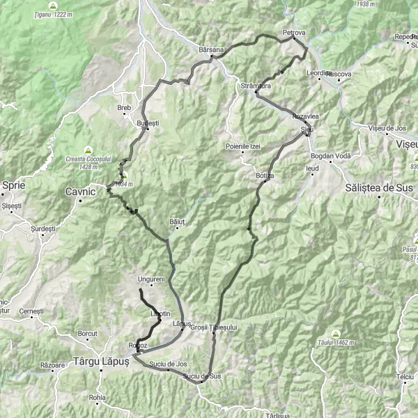 Map miniature of "The Mountainous Roads of Maramureș" cycling inspiration in Nord-Vest, Romania. Generated by Tarmacs.app cycling route planner