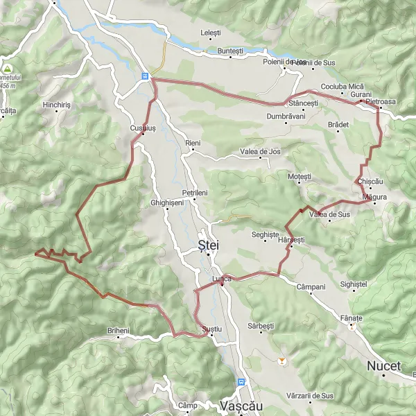 Map miniature of "Gurani and Lunca Gravel Cycling Loop" cycling inspiration in Nord-Vest, Romania. Generated by Tarmacs.app cycling route planner