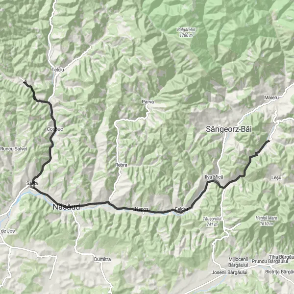 Map miniature of "Tour de Feldru" cycling inspiration in Nord-Vest, Romania. Generated by Tarmacs.app cycling route planner