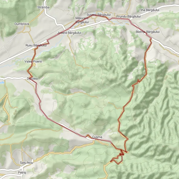 Map miniature of "Prundu Bârgăului to Cușma Gravel Route" cycling inspiration in Nord-Vest, Romania. Generated by Tarmacs.app cycling route planner