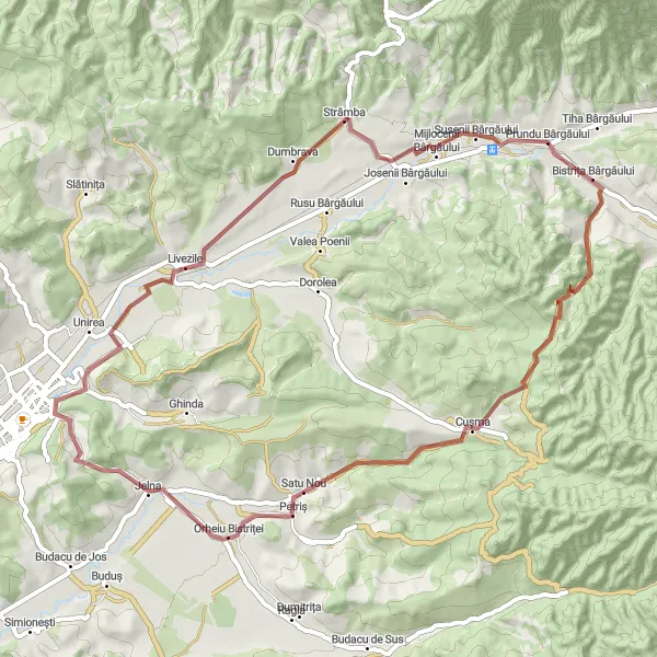 Map miniature of "Prundu Bârgăului to Bistrița Bârgăului Gravel Loop" cycling inspiration in Nord-Vest, Romania. Generated by Tarmacs.app cycling route planner