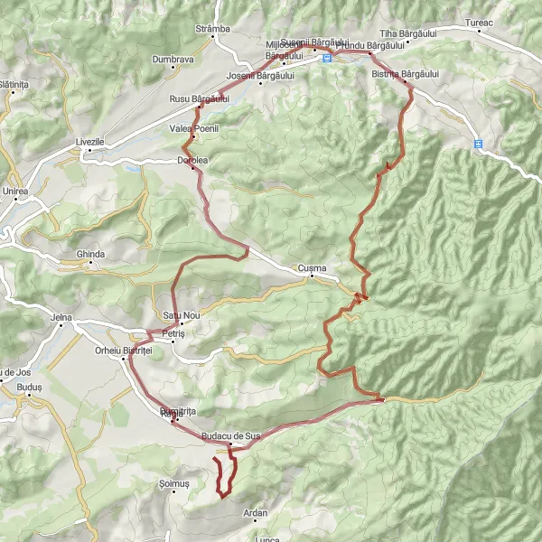 Map miniature of "Prundu Bârgăului to Bistrița Bârgăului Gravel Route" cycling inspiration in Nord-Vest, Romania. Generated by Tarmacs.app cycling route planner