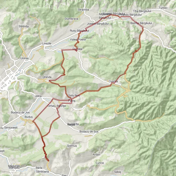 Map miniature of "Bârgău Adventure" cycling inspiration in Nord-Vest, Romania. Generated by Tarmacs.app cycling route planner