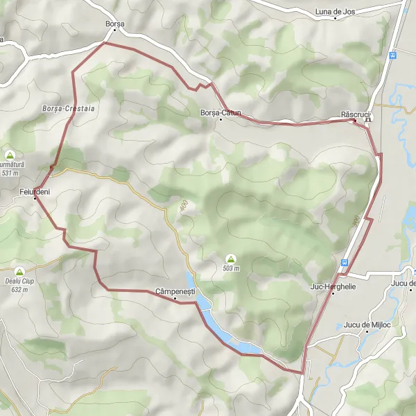 Map miniature of "Răscruci - Borșa-Cătun Adventure" cycling inspiration in Nord-Vest, Romania. Generated by Tarmacs.app cycling route planner