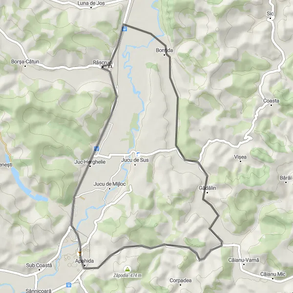 Map miniature of "Răscruci Castle Loop" cycling inspiration in Nord-Vest, Romania. Generated by Tarmacs.app cycling route planner