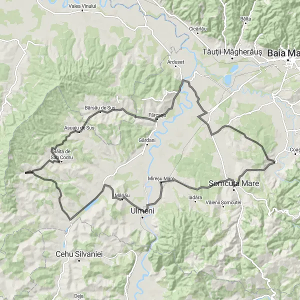 Map miniature of "Mysterious Mireșu" cycling inspiration in Nord-Vest, Romania. Generated by Tarmacs.app cycling route planner