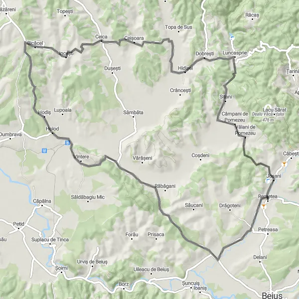 Map miniature of "The Pocola Loop" cycling inspiration in Nord-Vest, Romania. Generated by Tarmacs.app cycling route planner