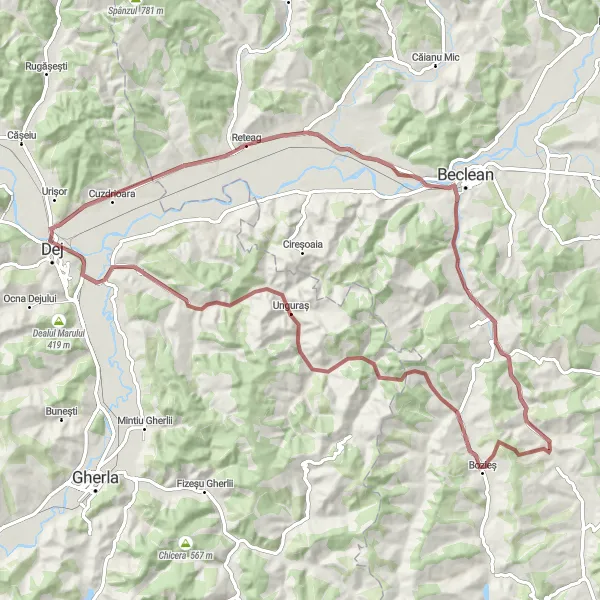 Map miniature of "Gravel Adventure: Through Rusu de Jos, Beudiu, Unguraș, and Cuzdrioara" cycling inspiration in Nord-Vest, Romania. Generated by Tarmacs.app cycling route planner