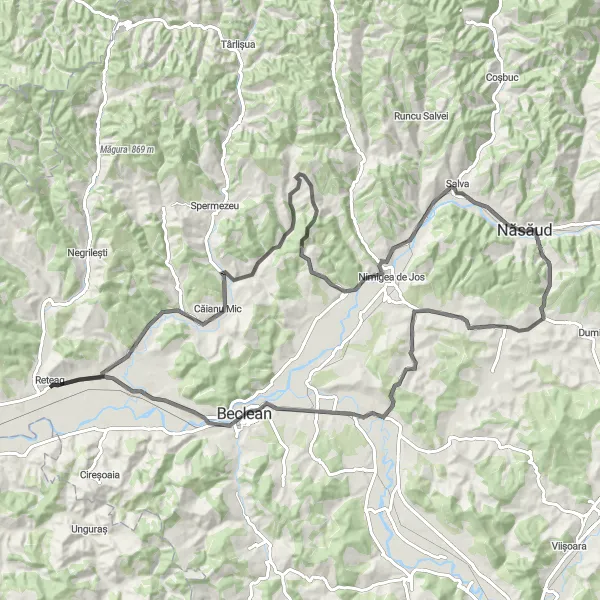 Map miniature of "Challenging Circuit: Ilișua, Perișor, Năsăud, Șintereag, Beclean, Cristeștii Ciceului" cycling inspiration in Nord-Vest, Romania. Generated by Tarmacs.app cycling route planner