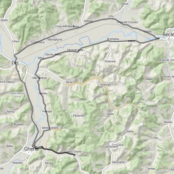 Map miniature of "Cycling through Fizeșu Gherlii" cycling inspiration in Nord-Vest, Romania. Generated by Tarmacs.app cycling route planner