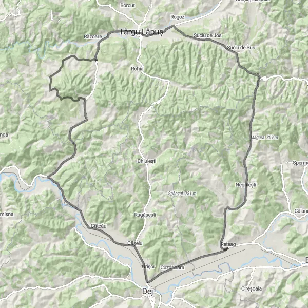 Map miniature of "Scenic Route to Cășeiu" cycling inspiration in Nord-Vest, Romania. Generated by Tarmacs.app cycling route planner