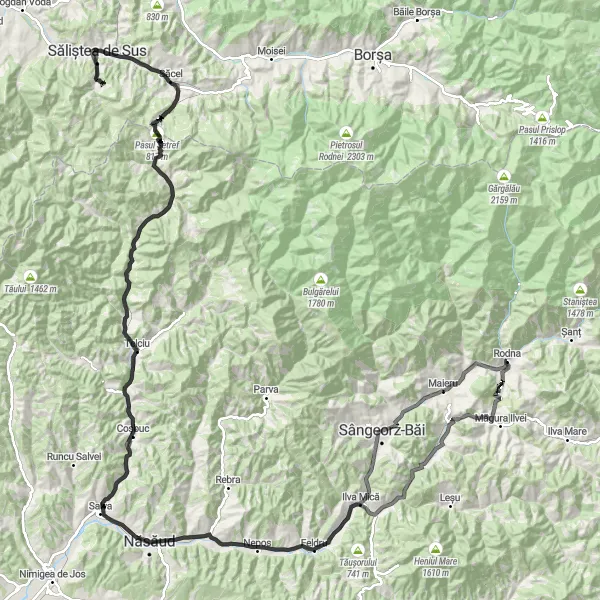 Map miniature of "The Rodna Epic" cycling inspiration in Nord-Vest, Romania. Generated by Tarmacs.app cycling route planner