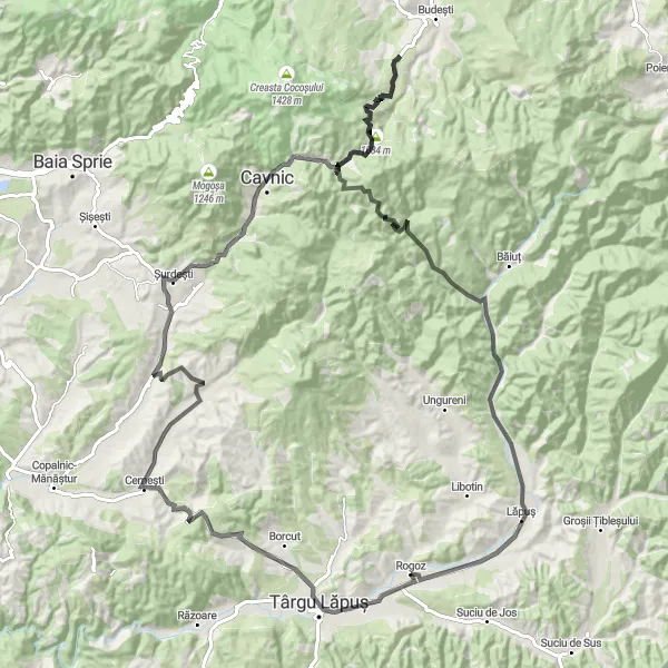 Map miniature of "Challenging Route from Târgu Lăpuș to Gravity Hill Budești Cavnic" cycling inspiration in Nord-Vest, Romania. Generated by Tarmacs.app cycling route planner