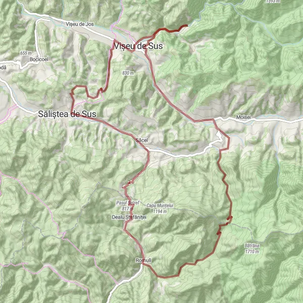 Map miniature of "Romuli to Pasul Pietrii Loop" cycling inspiration in Nord-Vest, Romania. Generated by Tarmacs.app cycling route planner