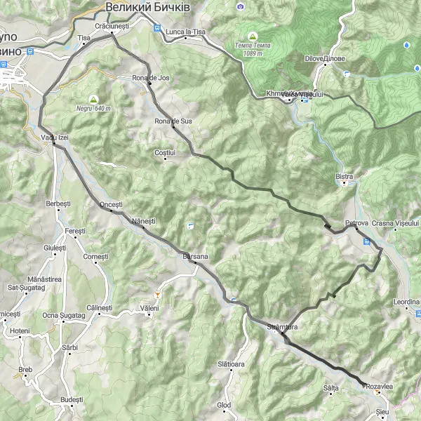 Map miniature of "Rona de Jos Loop" cycling inspiration in Nord-Vest, Romania. Generated by Tarmacs.app cycling route planner