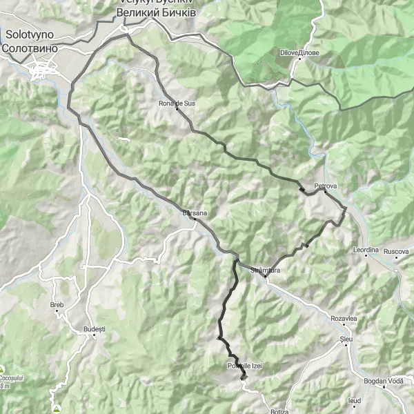 Map miniature of "Petrova - Poienile Izei - Vadu Izei - Rona de Jos Scenic Road Route" cycling inspiration in Nord-Vest, Romania. Generated by Tarmacs.app cycling route planner