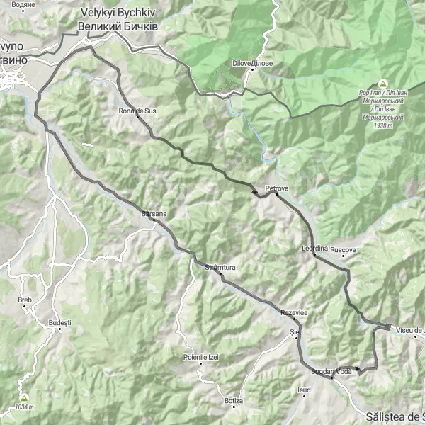 Map miniature of "Rona de Sus - Petrova - Bocicoel - Rozavlea - Oncești - Lazu Baciului - Rona de Jos Road Route" cycling inspiration in Nord-Vest, Romania. Generated by Tarmacs.app cycling route planner