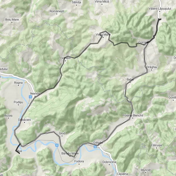 Map miniature of "The Dolheni Loop" cycling inspiration in Nord-Vest, Romania. Generated by Tarmacs.app cycling route planner