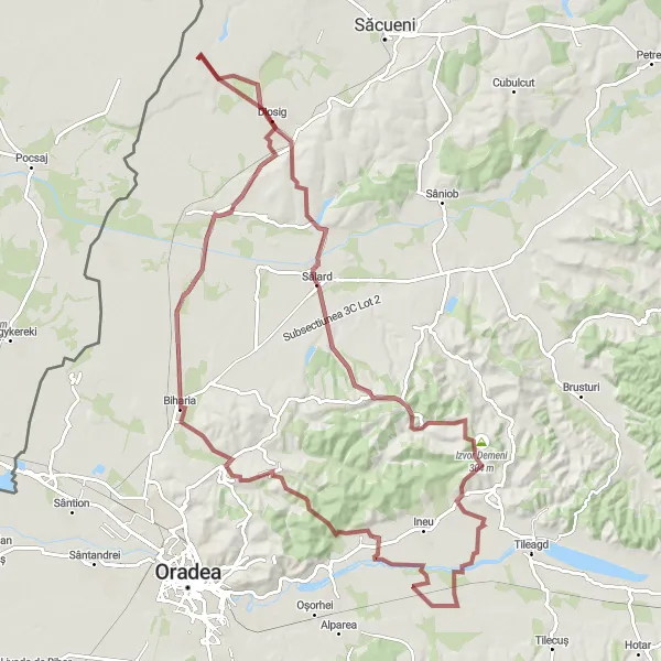 Map miniature of "Săcădat - Diosig - La Grindă - Șușturogi - Botean Loop" cycling inspiration in Nord-Vest, Romania. Generated by Tarmacs.app cycling route planner