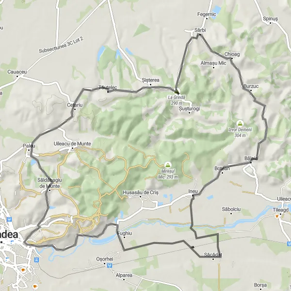 Map miniature of "Loop Around Săcădat" cycling inspiration in Nord-Vest, Romania. Generated by Tarmacs.app cycling route planner