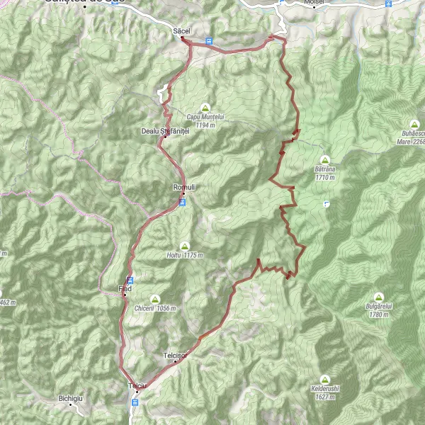 Map miniature of "Gravel Adventure: Natural Wonders" cycling inspiration in Nord-Vest, Romania. Generated by Tarmacs.app cycling route planner