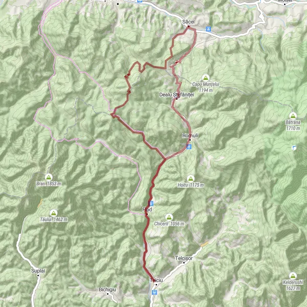 Map miniature of "Scenic Gravel Loop: Pasul Șetref" cycling inspiration in Nord-Vest, Romania. Generated by Tarmacs.app cycling route planner