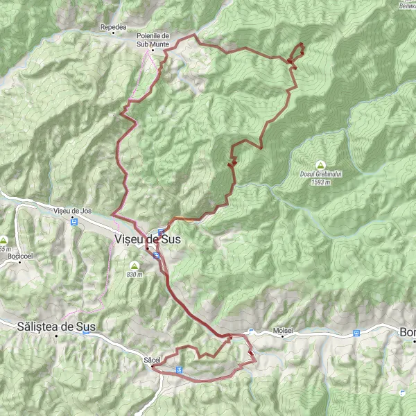 Map miniature of "Off-the-Beaten-Path Gravel Challenge" cycling inspiration in Nord-Vest, Romania. Generated by Tarmacs.app cycling route planner