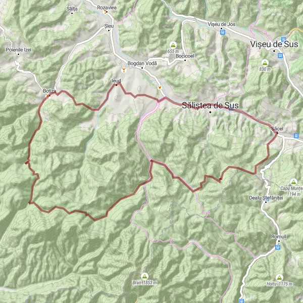 Map miniature of "Scenic Gravel Adventure from Săcel" cycling inspiration in Nord-Vest, Romania. Generated by Tarmacs.app cycling route planner