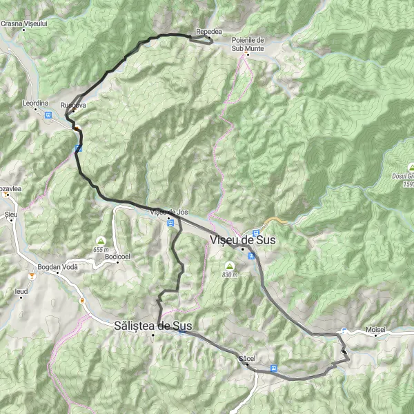 Map miniature of "Challenging Loop through Vișeu de Jos" cycling inspiration in Nord-Vest, Romania. Generated by Tarmacs.app cycling route planner