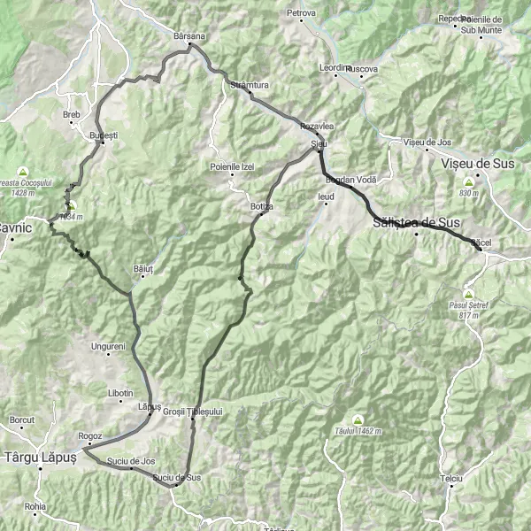 Map miniature of "Maramureș Grand Tour" cycling inspiration in Nord-Vest, Romania. Generated by Tarmacs.app cycling route planner