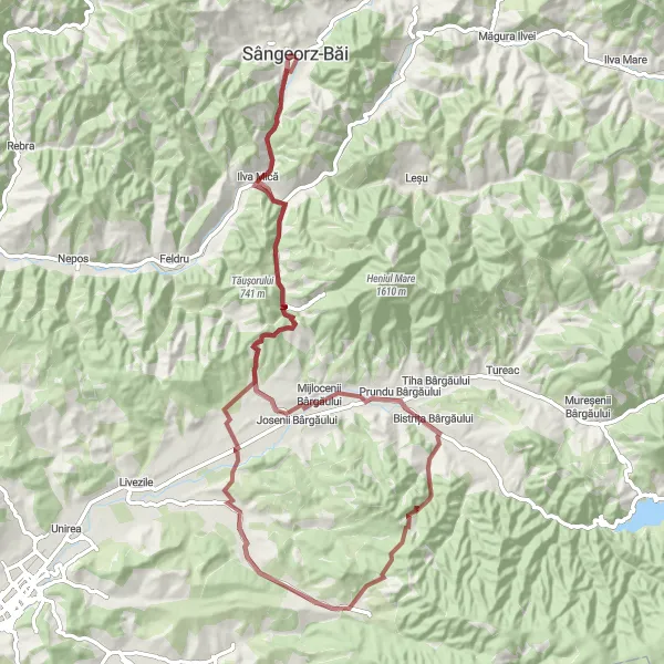 Map miniature of "Bârgău Valley Gravel Adventure" cycling inspiration in Nord-Vest, Romania. Generated by Tarmacs.app cycling route planner