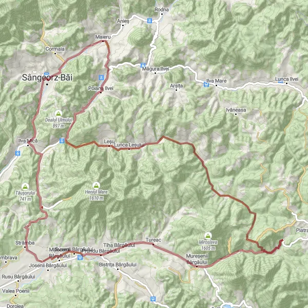 Map miniature of "Maieru to Prundu Bârgăului Gravel Adventure" cycling inspiration in Nord-Vest, Romania. Generated by Tarmacs.app cycling route planner