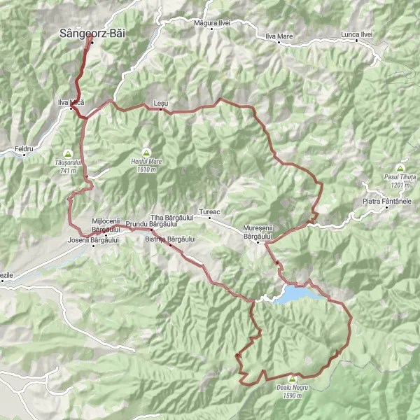 Map miniature of "Leșu, Dealu Negru, and Prundu Bârgăului Gravel Round-Trip" cycling inspiration in Nord-Vest, Romania. Generated by Tarmacs.app cycling route planner