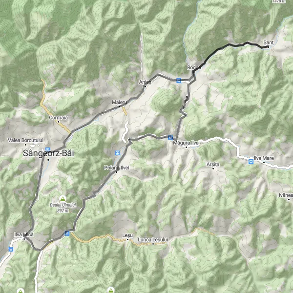 Map miniature of "Rodna - Poiana Ilvei Loop" cycling inspiration in Nord-Vest, Romania. Generated by Tarmacs.app cycling route planner
