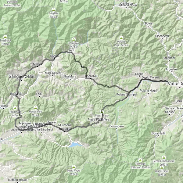 Map miniature of "Bârgău Valley Epic" cycling inspiration in Nord-Vest, Romania. Generated by Tarmacs.app cycling route planner