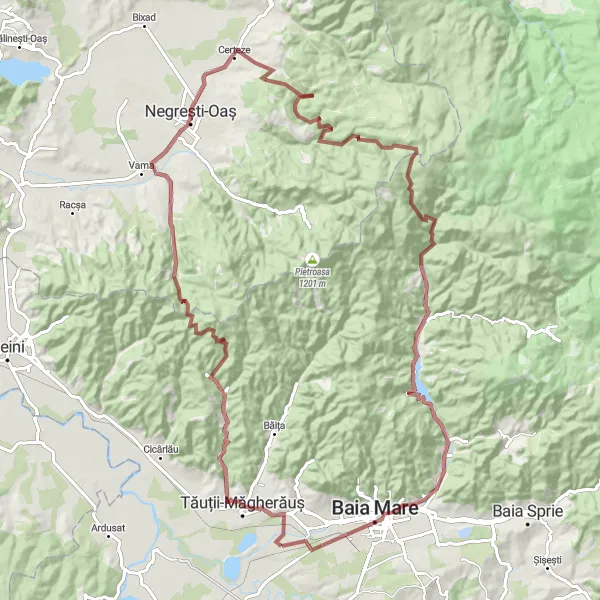 Map miniature of "Gravel Adventure from Săsar to Baia Mare" cycling inspiration in Nord-Vest, Romania. Generated by Tarmacs.app cycling route planner