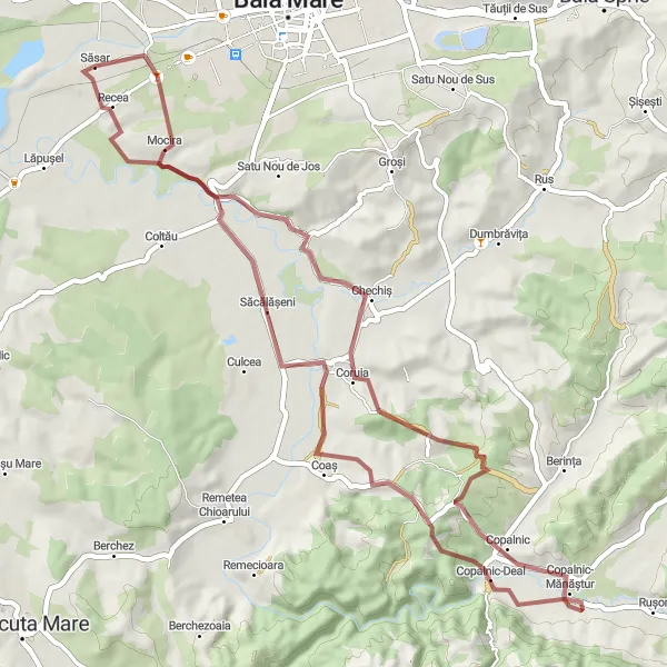 Map miniature of "Off the Beaten Path Gravel Excursion" cycling inspiration in Nord-Vest, Romania. Generated by Tarmacs.app cycling route planner