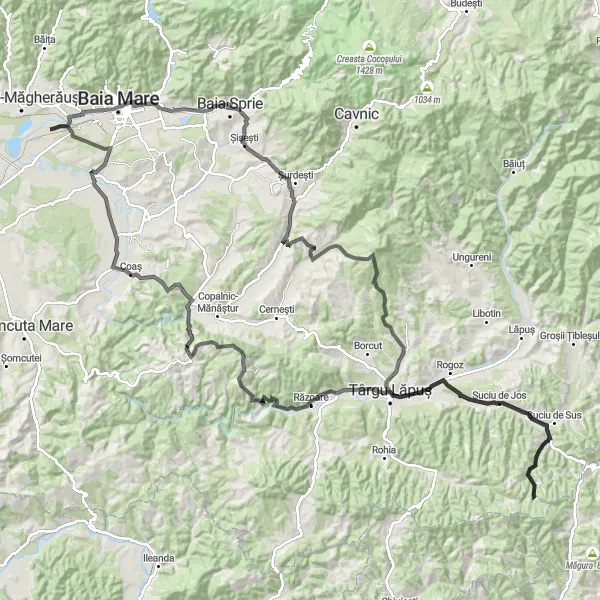 Map miniature of "Săsar Loop via Baia Sprie" cycling inspiration in Nord-Vest, Romania. Generated by Tarmacs.app cycling route planner