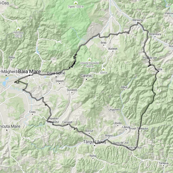 Map miniature of "Nord-Vest Challenge: Baia Mare to Baia Sprie" cycling inspiration in Nord-Vest, Romania. Generated by Tarmacs.app cycling route planner