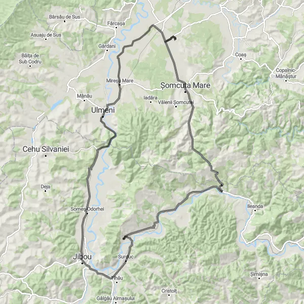 Map miniature of "Picturesque Loop through Satulung and Jibou" cycling inspiration in Nord-Vest, Romania. Generated by Tarmacs.app cycling route planner