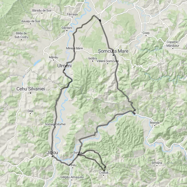 Map miniature of "Gorgeous Countryside Adventure from Satulung to Surduc" cycling inspiration in Nord-Vest, Romania. Generated by Tarmacs.app cycling route planner