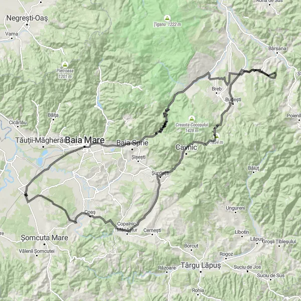 Map miniature of "Baia Mare Loop" cycling inspiration in Nord-Vest, Romania. Generated by Tarmacs.app cycling route planner