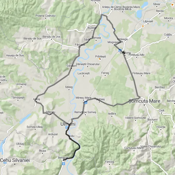 Map miniature of "Tulghieș Round-Trip Cycling Route" cycling inspiration in Nord-Vest, Romania. Generated by Tarmacs.app cycling route planner