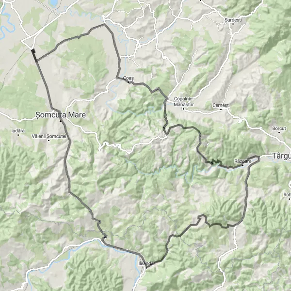 Map miniature of "Challenging Loop through Satulung and Coaș" cycling inspiration in Nord-Vest, Romania. Generated by Tarmacs.app cycling route planner