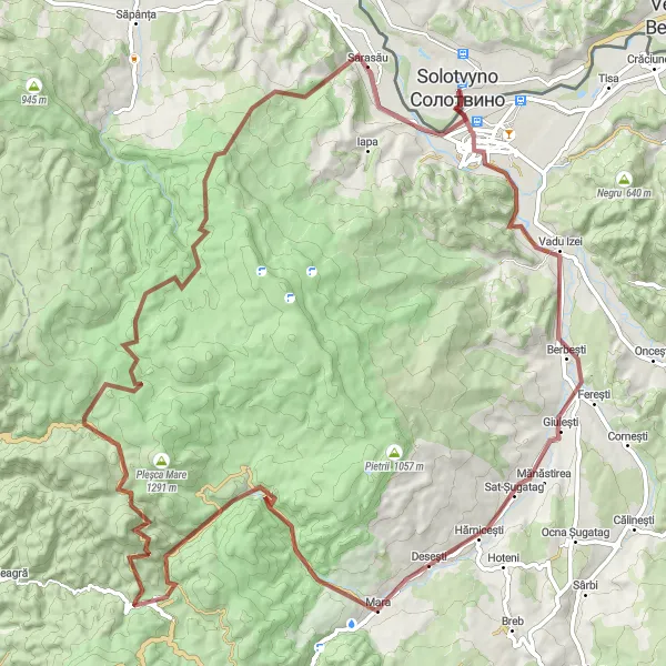 Map miniature of "Berbești to Sighetu Marmaţiei Round-trip (Gravel)" cycling inspiration in Nord-Vest, Romania. Generated by Tarmacs.app cycling route planner