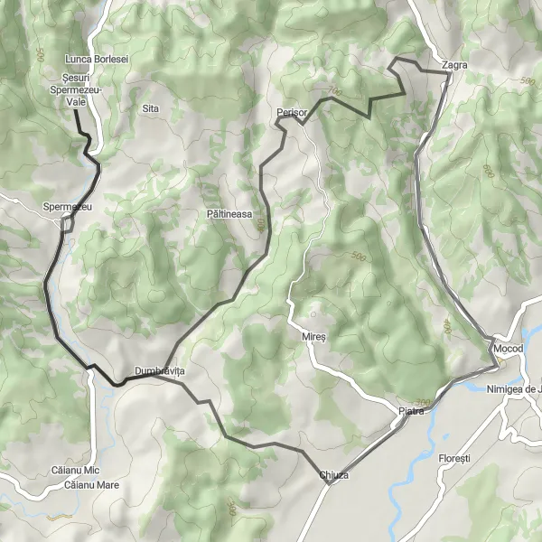 Map miniature of "Spermezeu Valley Ride" cycling inspiration in Nord-Vest, Romania. Generated by Tarmacs.app cycling route planner