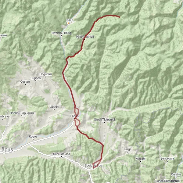 Map miniature of "The Suciu de Sus Gravel Adventure" cycling inspiration in Nord-Vest, Romania. Generated by Tarmacs.app cycling route planner