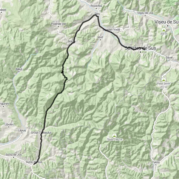 Map miniature of "Suciu de Sus Round-trip Cycling Route" cycling inspiration in Nord-Vest, Romania. Generated by Tarmacs.app cycling route planner