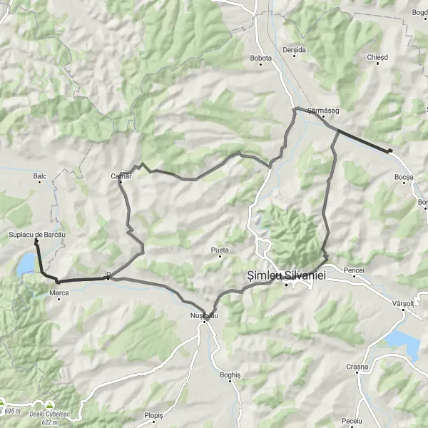 Map miniature of "The Treasures of Suplacu de Barcău" cycling inspiration in Nord-Vest, Romania. Generated by Tarmacs.app cycling route planner